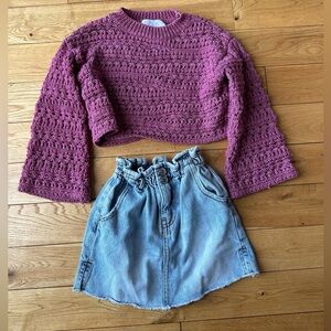 Zara Girls Size 6-7 Jean Skirt and Cropped Rose Colored Sweater Bell Sleeves